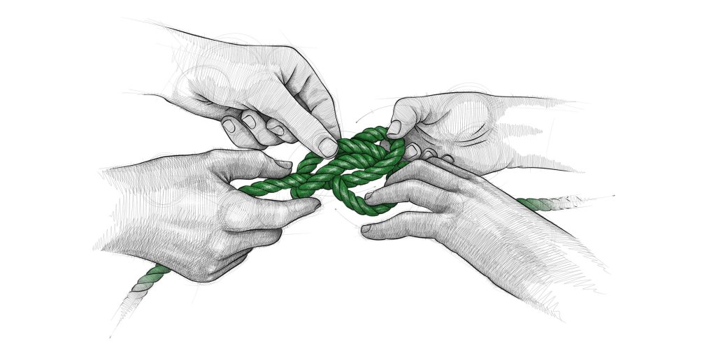 Illustration von vier Händen, zweier Personen, welche zusammen ein Seil halten und versuchen einen Knoten zu lösen. Psychiatriekommission beider Basel.