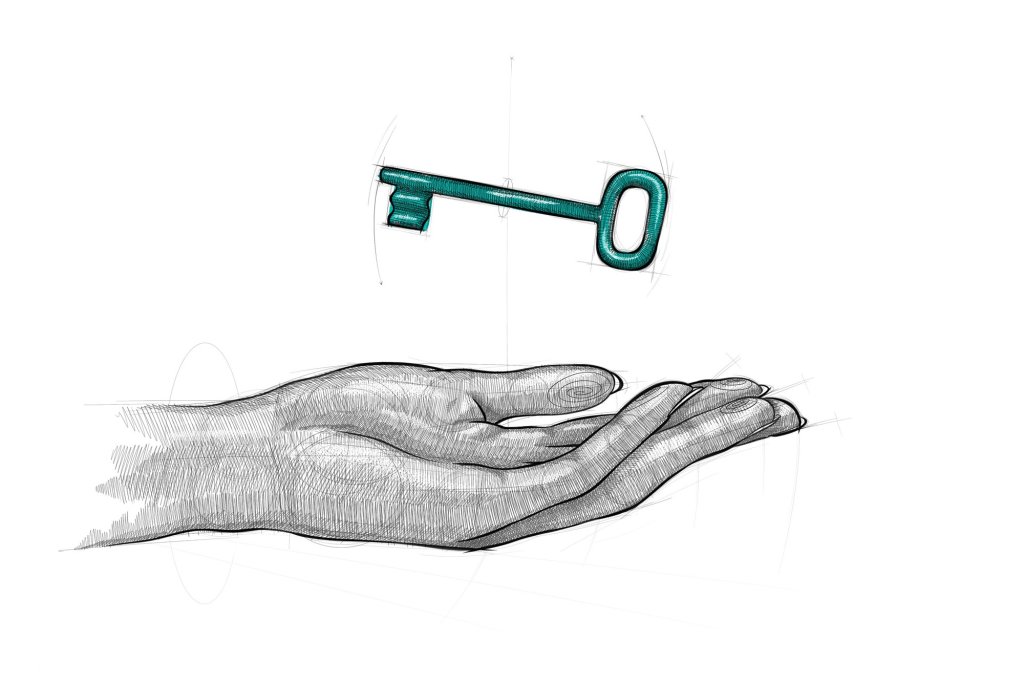 Illustration einer Hand mit einem Schlüssel, welcher über der Hand schwebt. Symbolisch Lösung eines Problems. Über die Psychiatriekommission beider Basel.